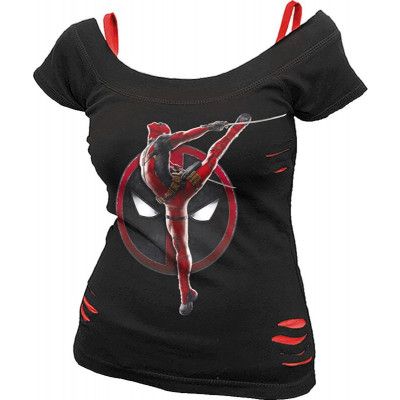 Deadpool - Marvel T-shirt - Deadpool - Pose - 2 in1 Red Ripped Top - M XL - för Dam - svart