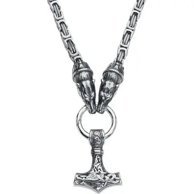 URBANTIMBER Halsband - Thors Hammer mit Fenriswolf - för Herr - silverfärgad